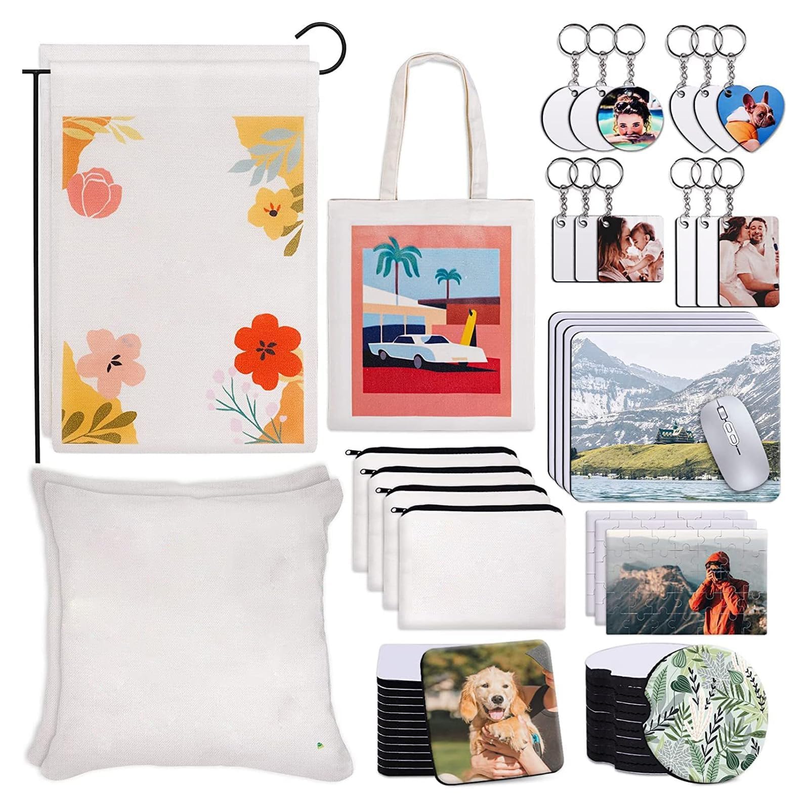 Ensemble Vierge de Sublimation de 77 Pièces, Kit de Démarrage par Sublimation par Transfert de Chaleur pour les Travaux Manuels Tels que les Trousses de Maquillage, les
