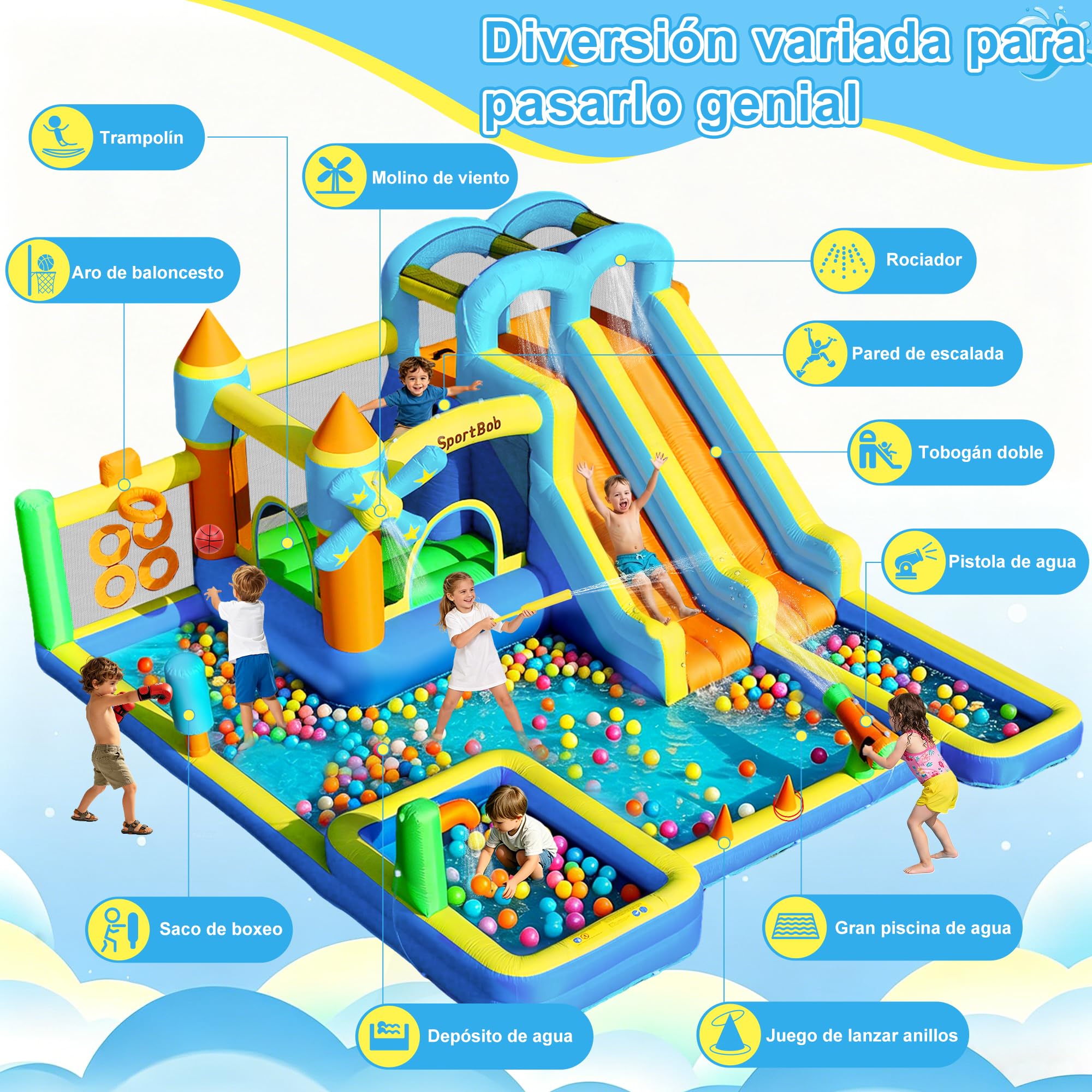 Castello gonfiabile con doppio scivolo, ventola, piscina per bambini, area per salti e parete da arrampicata, ideale per uso interno ed esterno, riunioni di famiglia e occasioni di compleanno