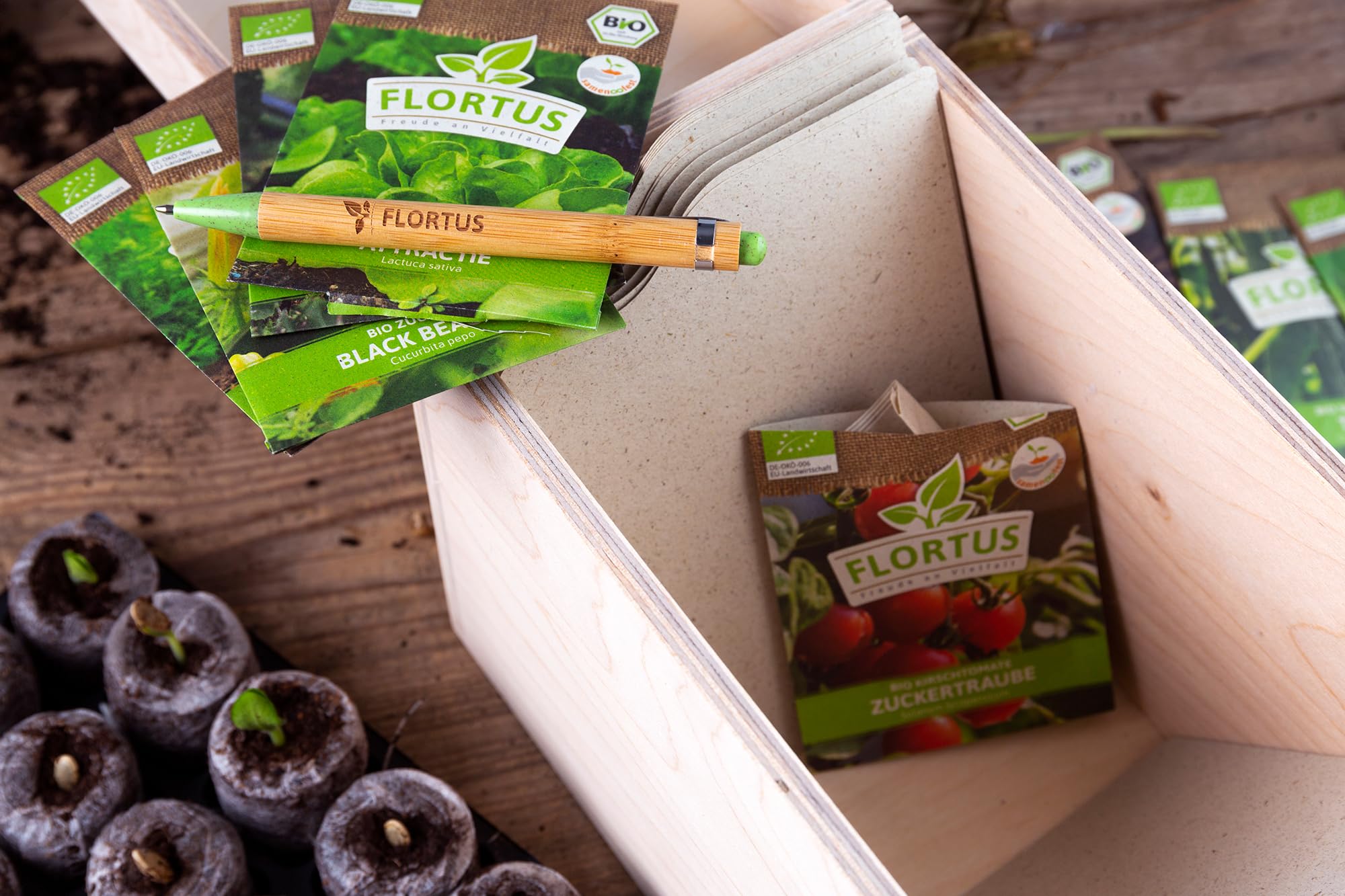 FLORTUS Saatgut Archiv Grillgemüse | Samen Set Geschenkbox Holzkiste (10 Sorten) | Geschenkset Aufbewahrungsbox mit Deckel | BIO Gemüsesamen