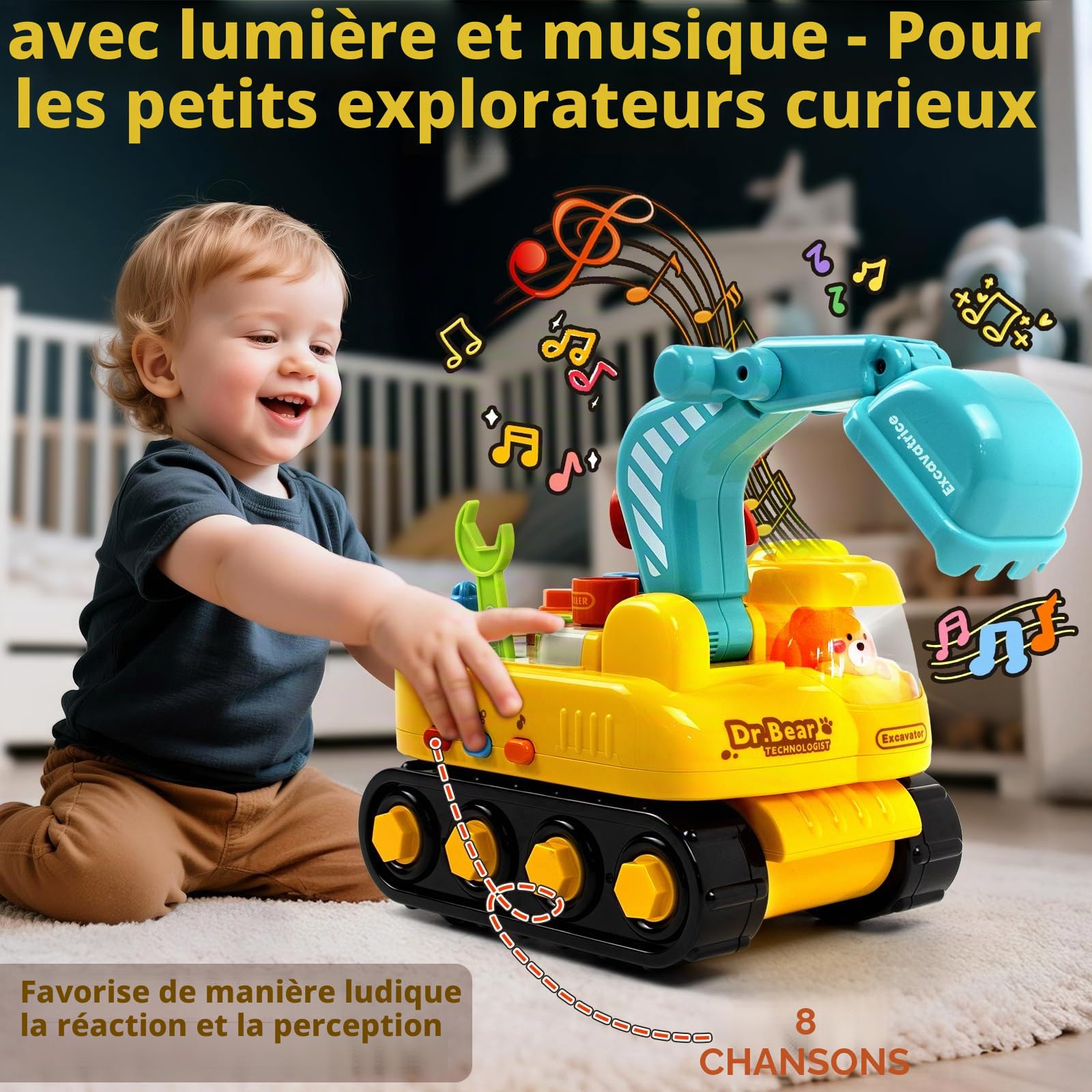 Marstone Jouet Enfant 2 Ans Garcon, Jouet Pelleteuse Électrique Montessori pour Enfants, avec Lumières et Musique, Jouet Éducatif à Visser 1 2 3Ans, Véhicule Chantier Interactif Garçons Filles