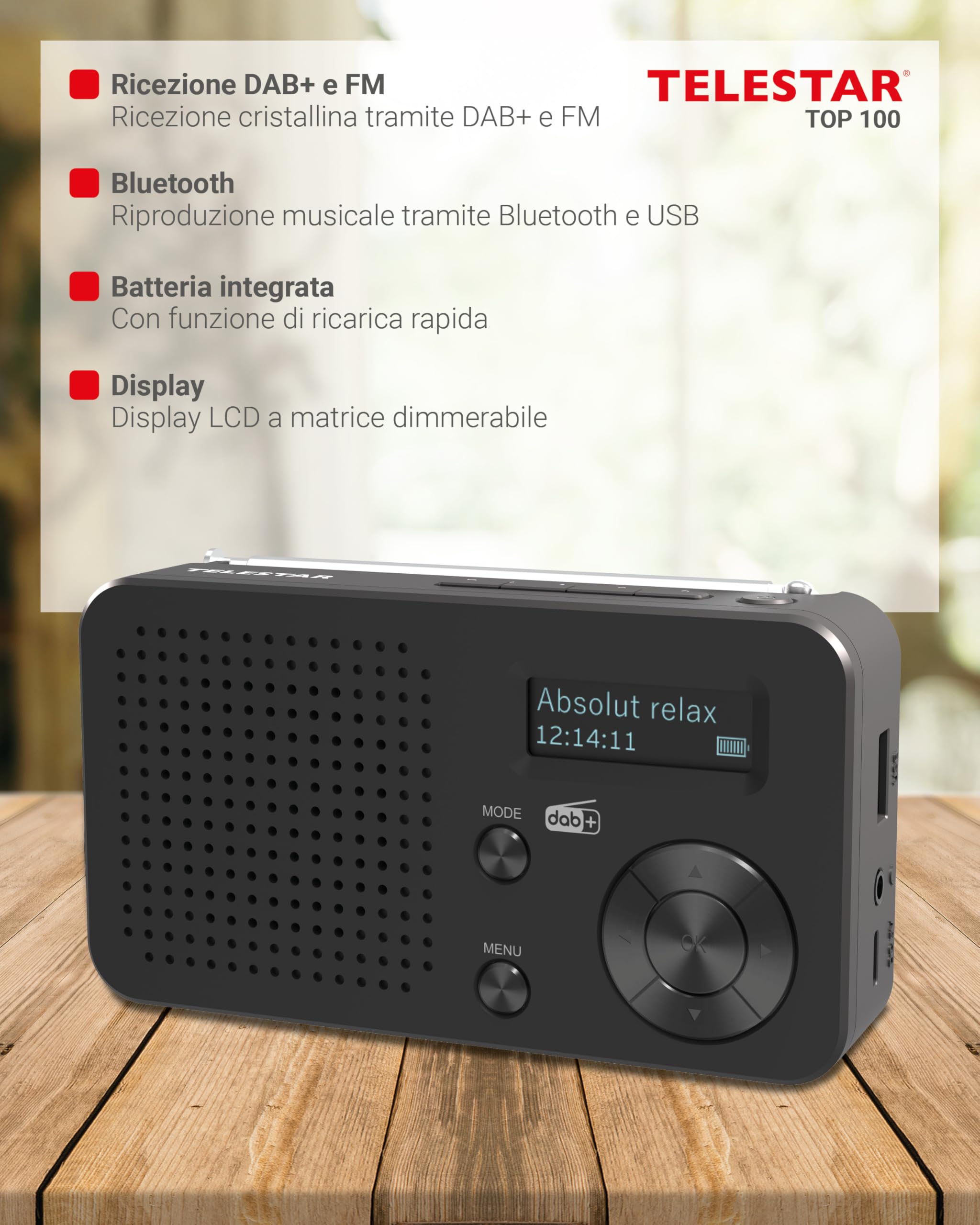 TELESTAR TOP 100 – Radio portatile DAB+/FM con batteria ricaricabile – Nero | Batteria sostituibile, fino a 15 h di autonomia, ricarica rapida, streaming Bluetooth e lettore USB