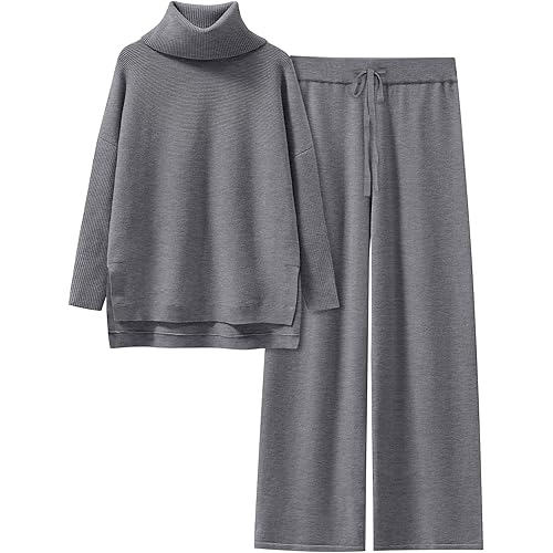 ANRABESS Women Two Piece Outfits Oversized Turtleneck Knit Pullover Sweater Top Wide Leg Pants Lounge Set Sweatsuit 2024 Fall