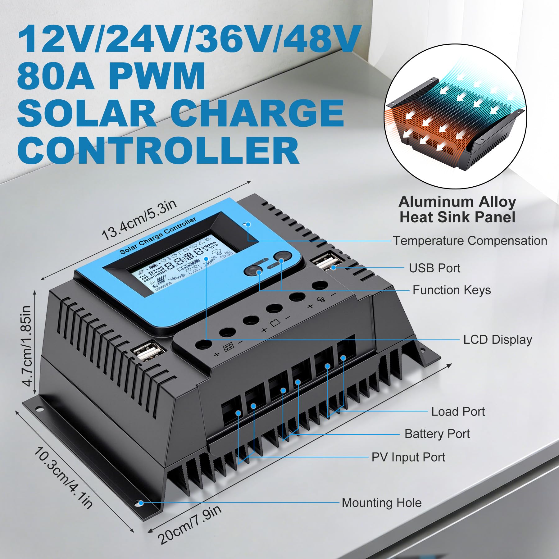 80A Regolatore di Carica Solare Con Bluetooth, PWM 80A Regolatore Carica Solare con Sensore Temperatura, LCD Display, 4 USB porte, Adatto varie 12V 24V 36V 48V Piombo e Litio Batterie