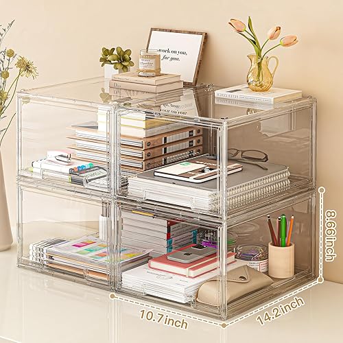 Miniatura 3 de Paquete de 2 cajones de almacenamiento apilables de plástico, organizadores de cajones de escritorio transparentes, organizador de almacenamiento de