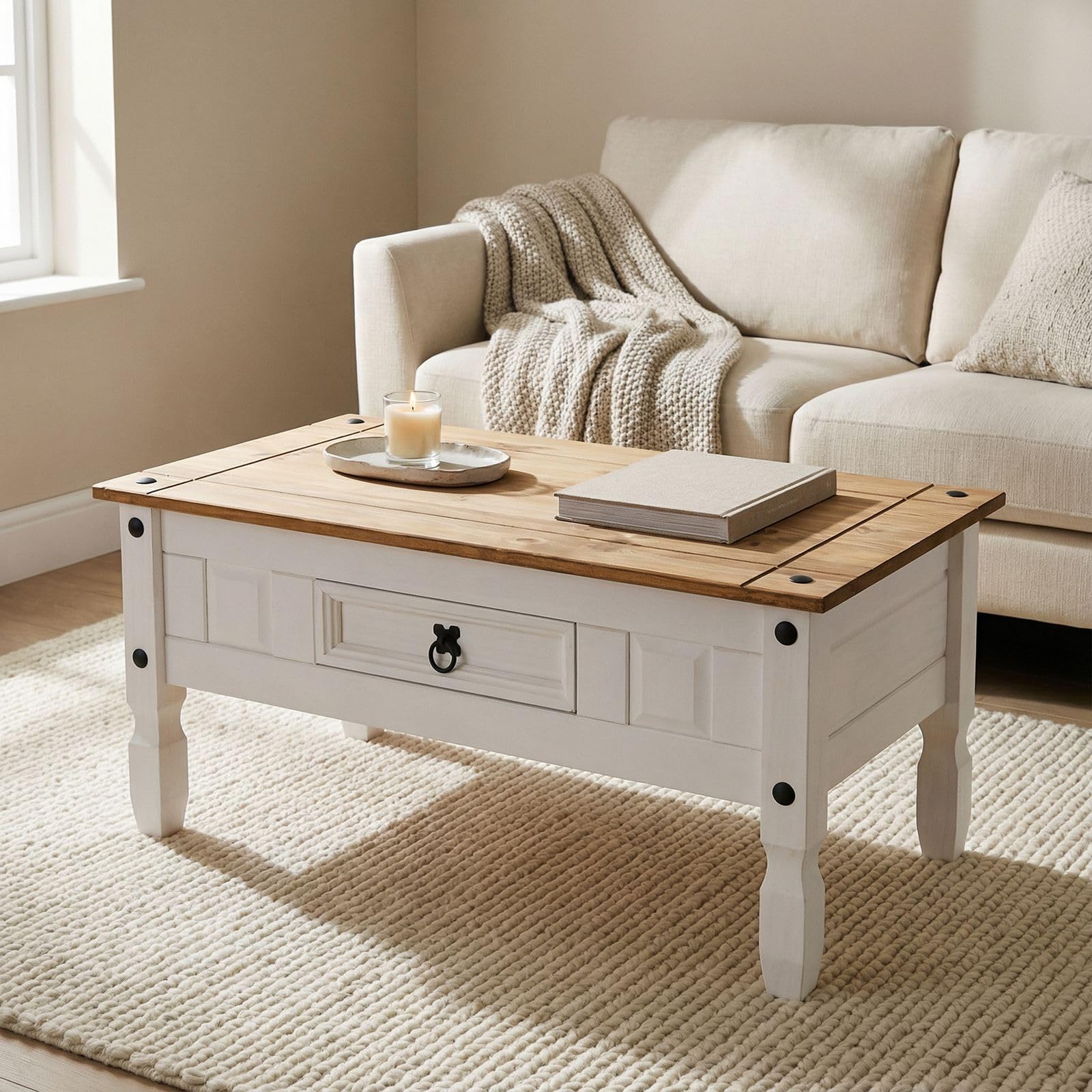 CARO-Möbel Couchtisch Campo im Mexiko-Stil Wohnzimmertisch Beistelltisch Kiefer massiv, braun/weiß lackiert mit 1 Schublade