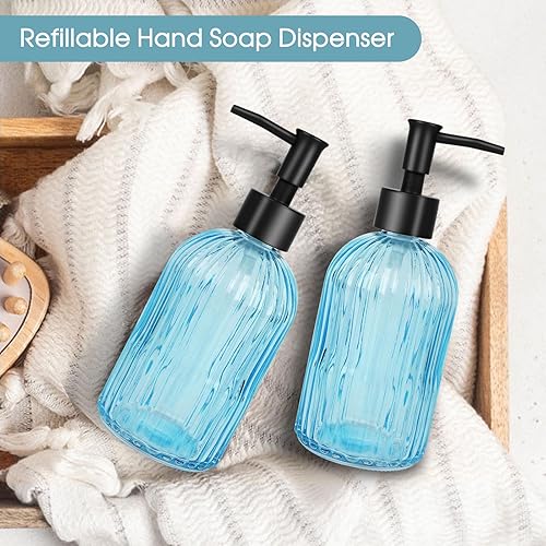 Miniatura 2 de Paquete de 2 dispensadores de jabón de vidrio a rayas con bomba de plástico negro, dispensador de jabón líquido de manos de 13.5 fl oz, bomba a