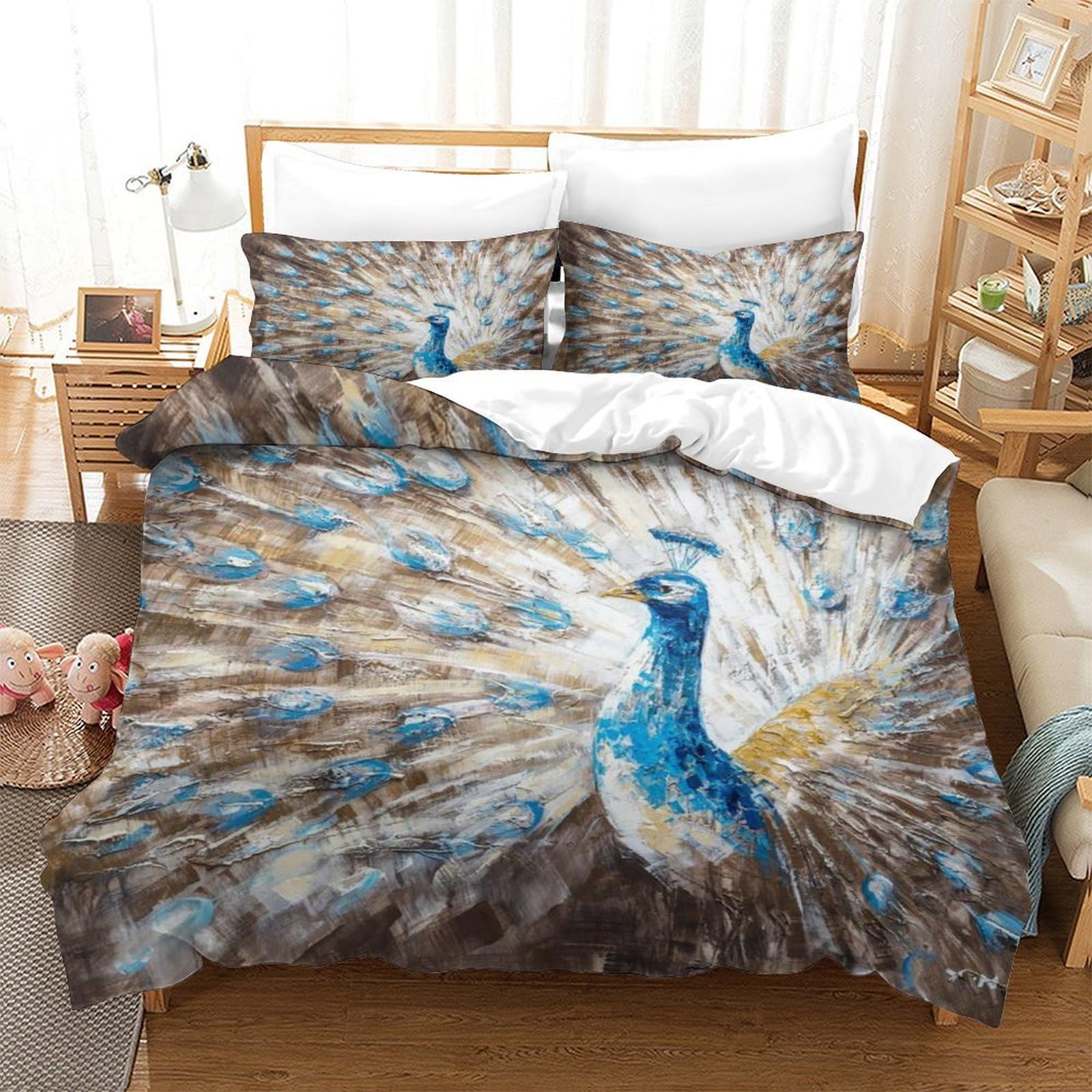 QDZHCPMYK Peacock Duvet Cover Set 3 PCS Hotel Quality Quilt Cover Bed Sets Bed Covers with Pillowcases with Zipper Closure Ultra Soft Anti Allergic Microfiber Single（140x200cm）