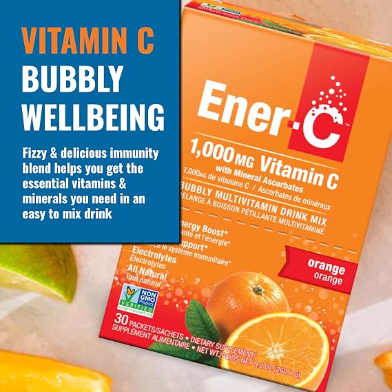 Ener-C Multivitamin Drink Mix, Immune Booster for Adults - Orange, 60 Count | Vitamin Packets for Water, Electrolytes Powder Packets, Vitamin Drink Mix, Hydration Liquid Mix