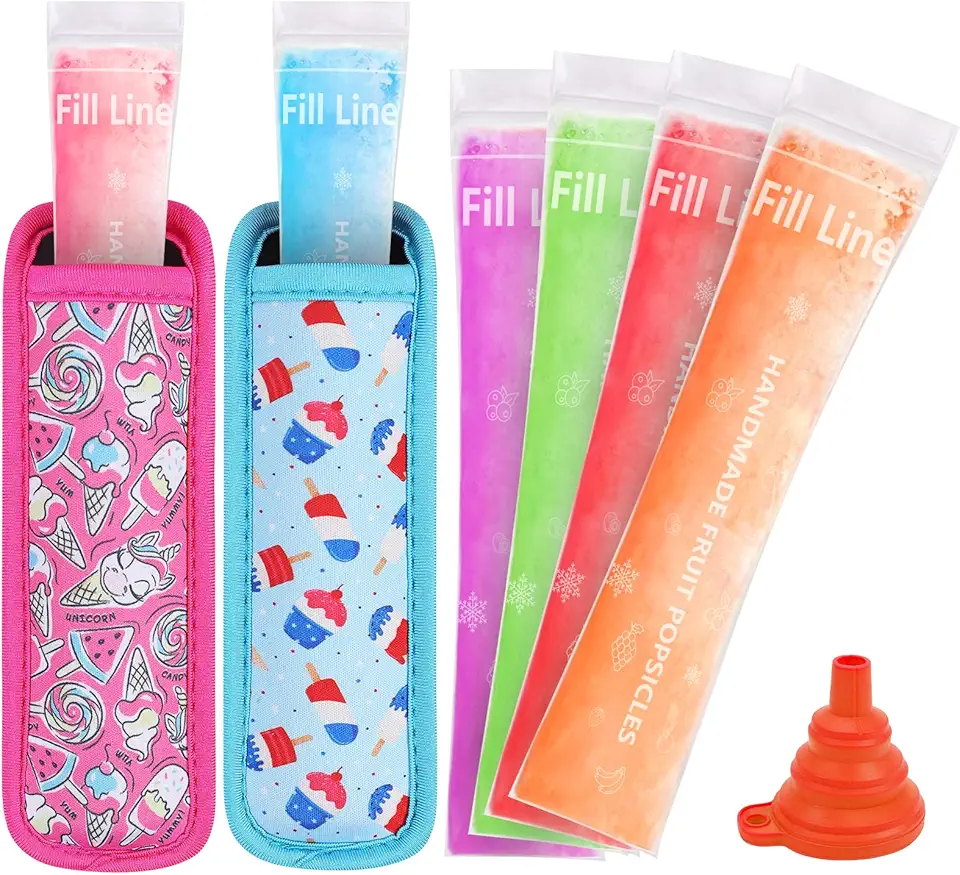 50 sacos descartáveis para picolé de gelo, 2 suportes para picolé, tubos de congelador com selos duplos para iogurte, suco e smoothies e mangas isolantes de neoprene para picolé de gelo - com funil