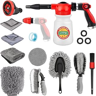 Car Wash Foam Gun Set, Foam Cannon, Adjustable Hose Wash Sprayer with 2.5 to 6 Bars Foam Blaster, with Nozzles, Wash Mitten, Suitable for Car Cleaning and Garden Use with 1/2” Quick Connector