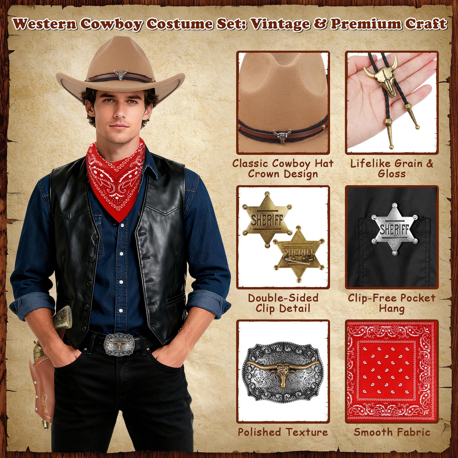 FICOFISE Cowboy Costume Gift Set: 10 Pcs Western Accessories for Adults The Perfect Wild West Fancy Dress for Christmas New Year Party - Image 3