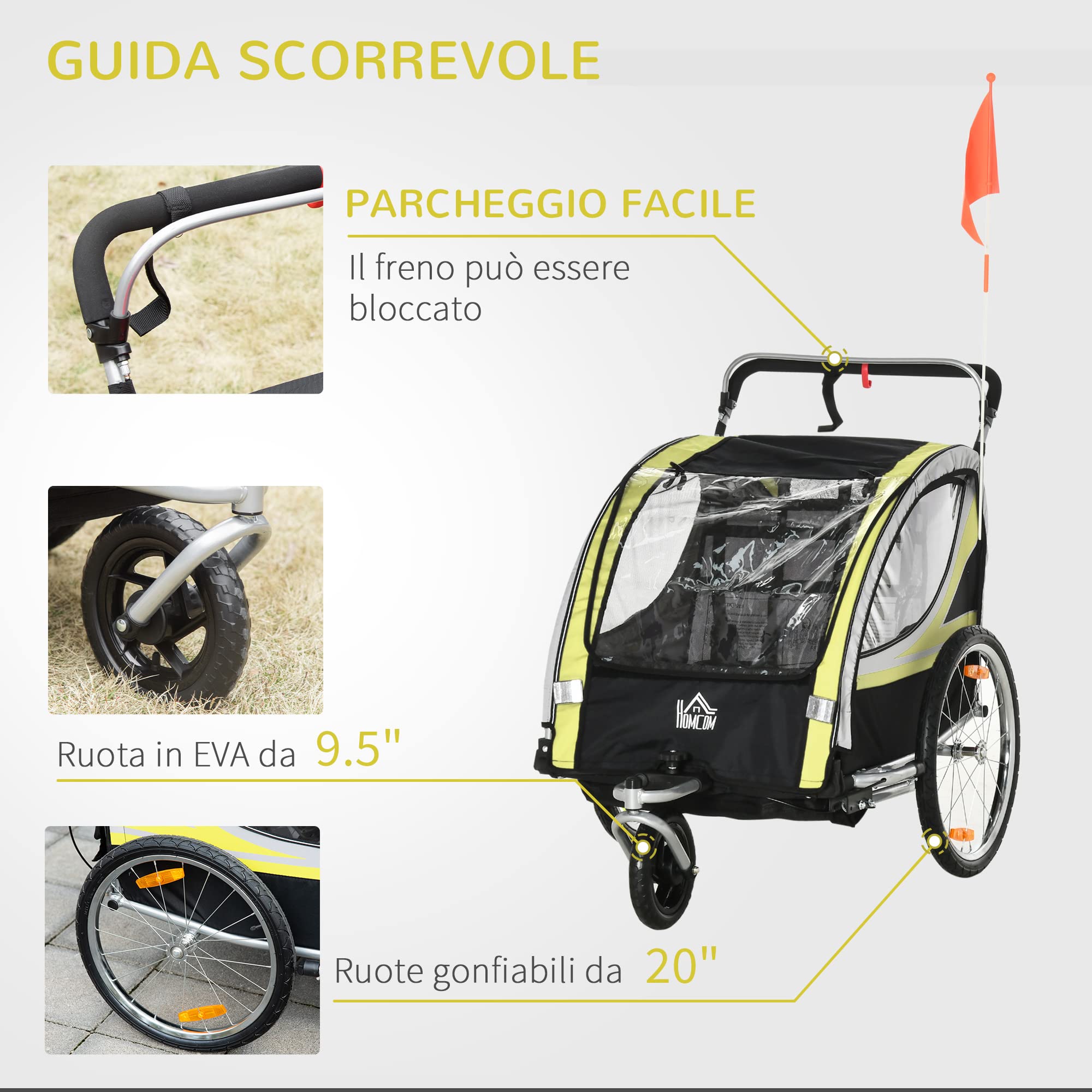 Rimorchio Bici Passeggino per 2 Bambini con Freno, Cintura e Tasche 116-142x75x101 cm Colore Giallo - 026YL/440