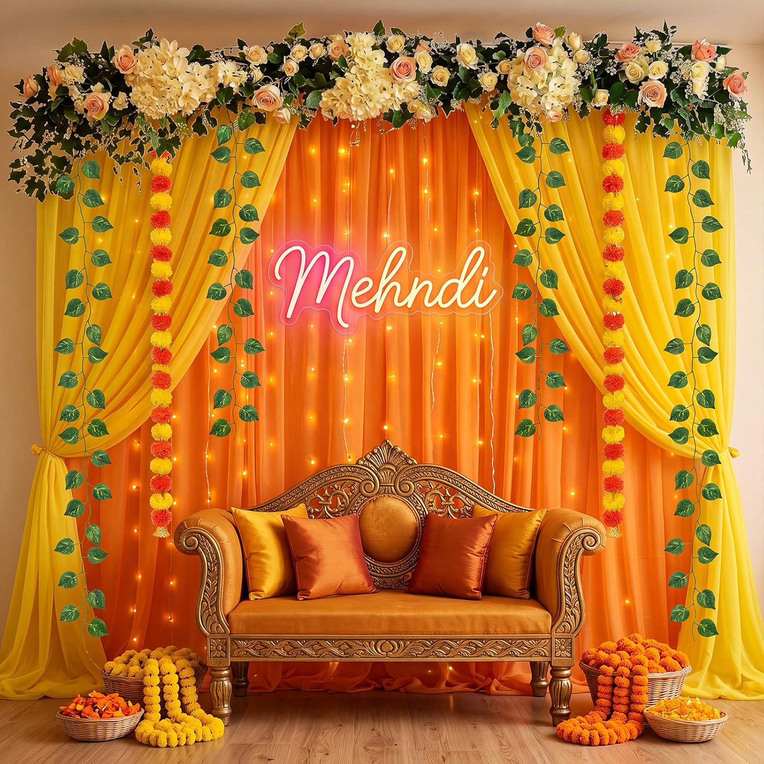 Irenare Indian Pooja Backdrop Kit Tulle Backdrop with Artificial Marigold Garlands Green Leaf Vines for Diwali Haldi Wedding Annaprashan Housewarming Decor(Yellow and Orange,Indian)