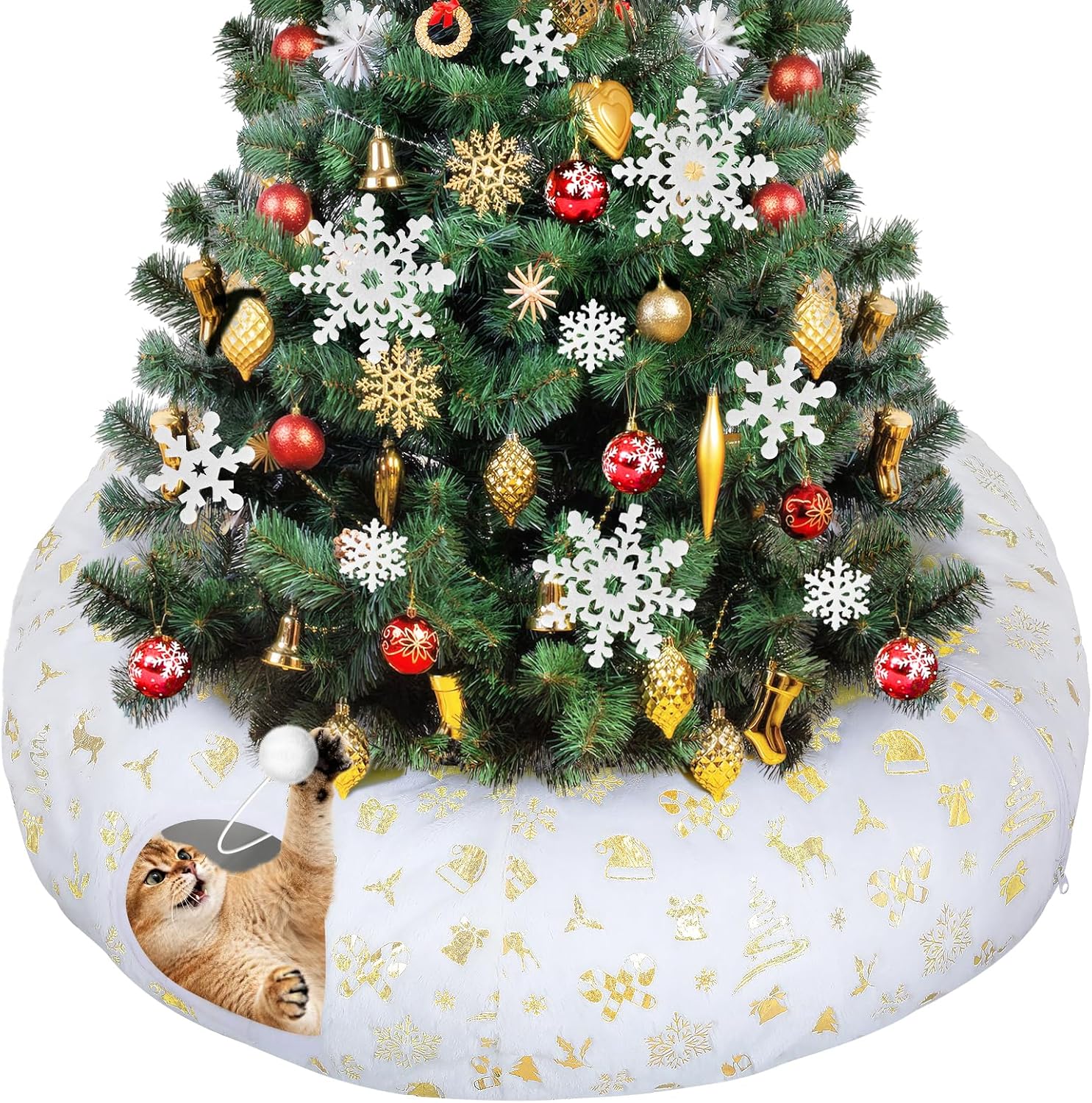 Cat Tunnel Christmas Tree Skirt - White & Golden Cat Donut Bed, Christmas Tree Protector from Cats, Xmas Cat Gifts Accessories