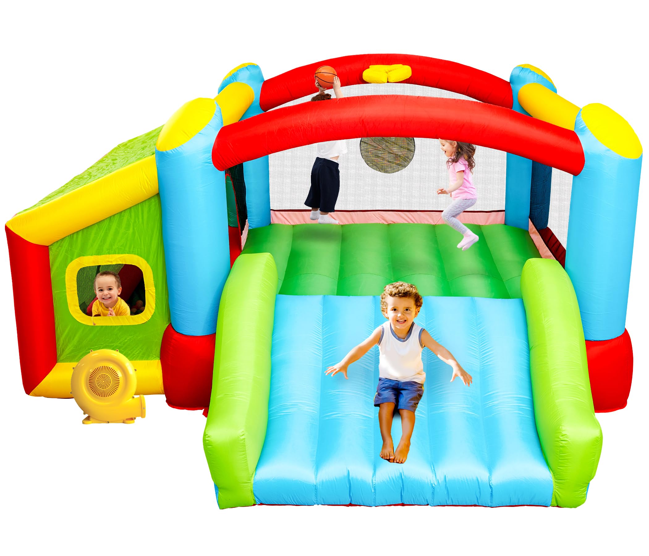 WELLFUNTIME Bounce House, Inflatable Bouncer with Air Blower, Kids Slide Jumping Castle with Slide, Ball Pit and Dart Target Game, 143x137x68 Inch