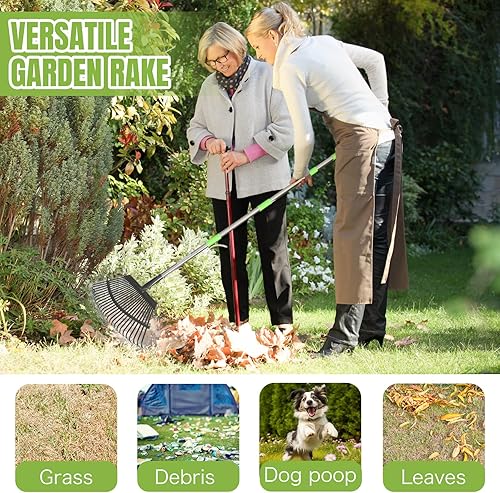 Miniatura 5 de Joyhalo Rastrillo para hojas ajustable de 65 pulgadas de largo, rastrillo de jardín de 18 pulgadas de ancho con 25 dientes, rastrillos de hojas de