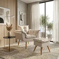 Kit Poltrona Decorativa Confortável Para Sala Recepção Manicure com Puff Para Quarto Penteadeira Closet Quadrado Tecido Suede (Bege)