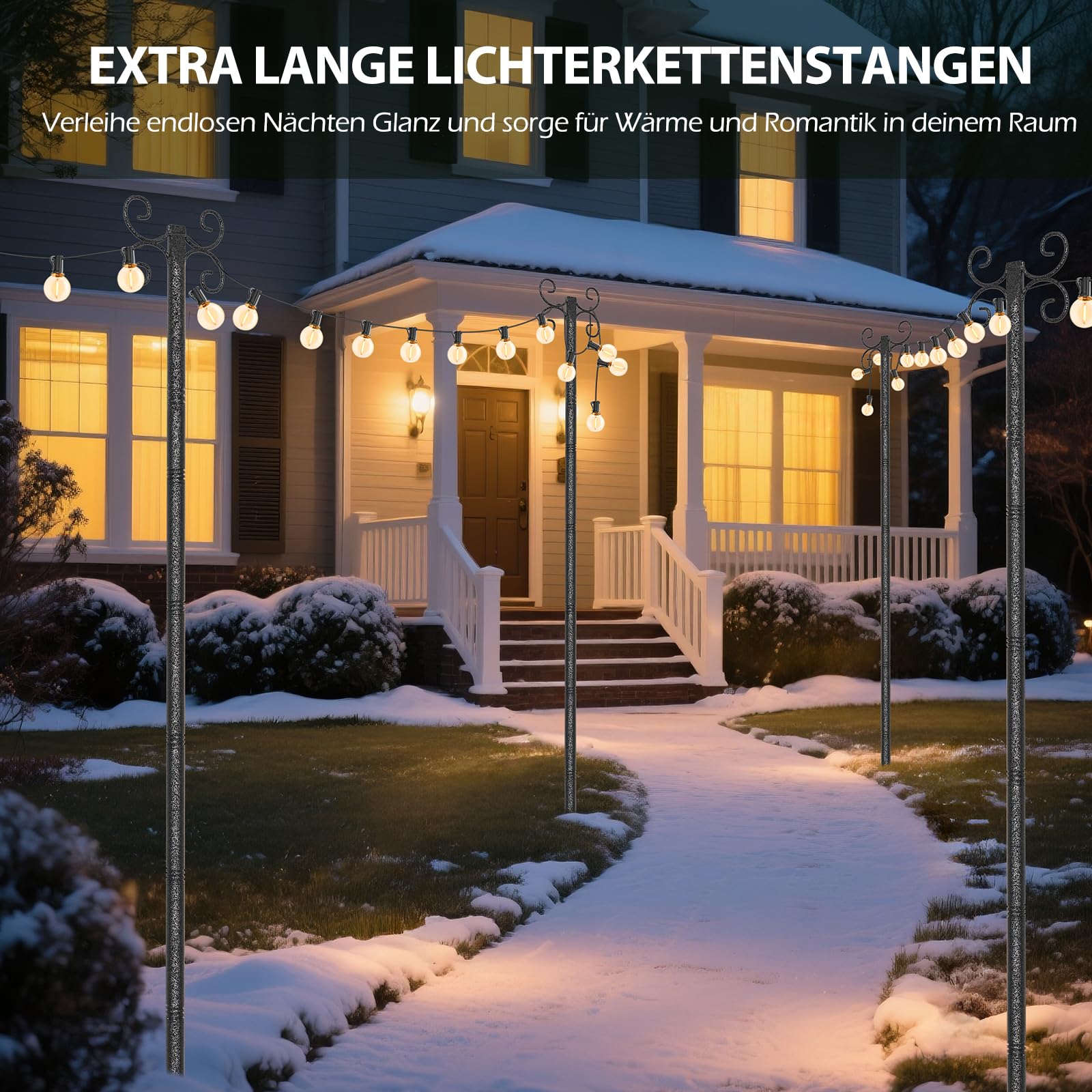 StarryEver Schäferhaken Garten Stangen mit 4-Haken, 2 Stück 3m Höhenverstellbar Heavy Duty Metall Gartenstecker mit Hammerfinish-Oberfläche,Laternenhalter für Laternen Solarleuchten Lichterkette