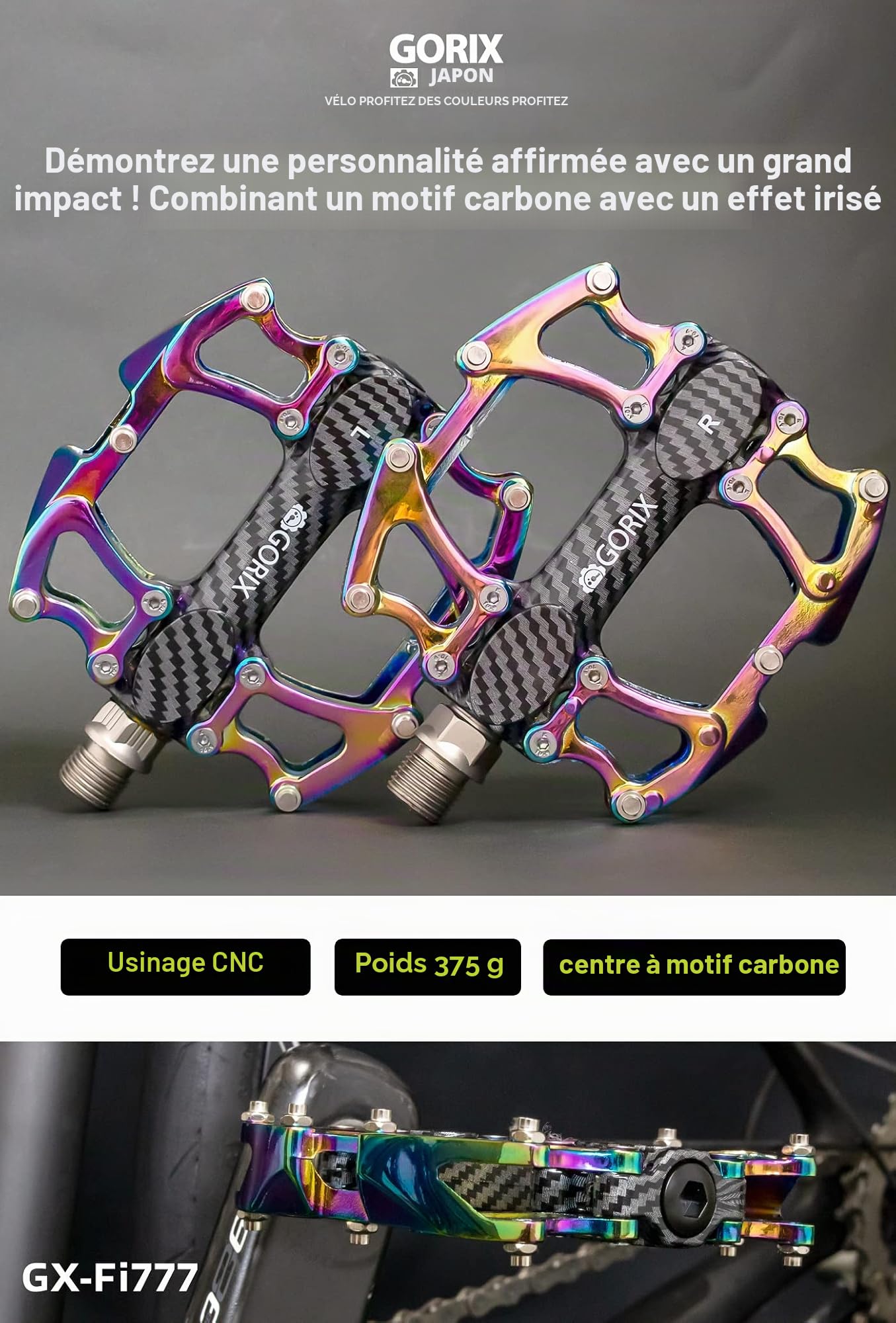 GORIX Vélo Pédales Plates Larges CNC Légères avec Broche Antidérapante Spike Huile Slick Route Montagne VTT Vélo (GX-Fi777)