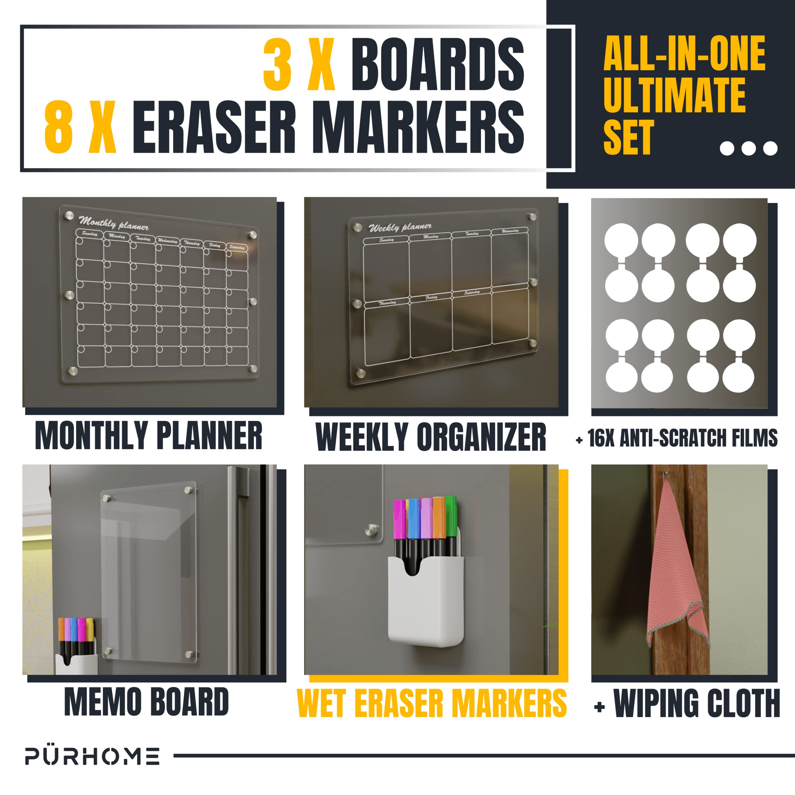 PÜRHOME Magnetic Acrylic Calendar for Fridge - Set of 3 Crystal Clear Dry Erase Board Monthly, Weekly & Memo Calendar for Refrigerator Reusable Plan Board - 8 Vibrant Markers 8 Colors, Holder, Wipe