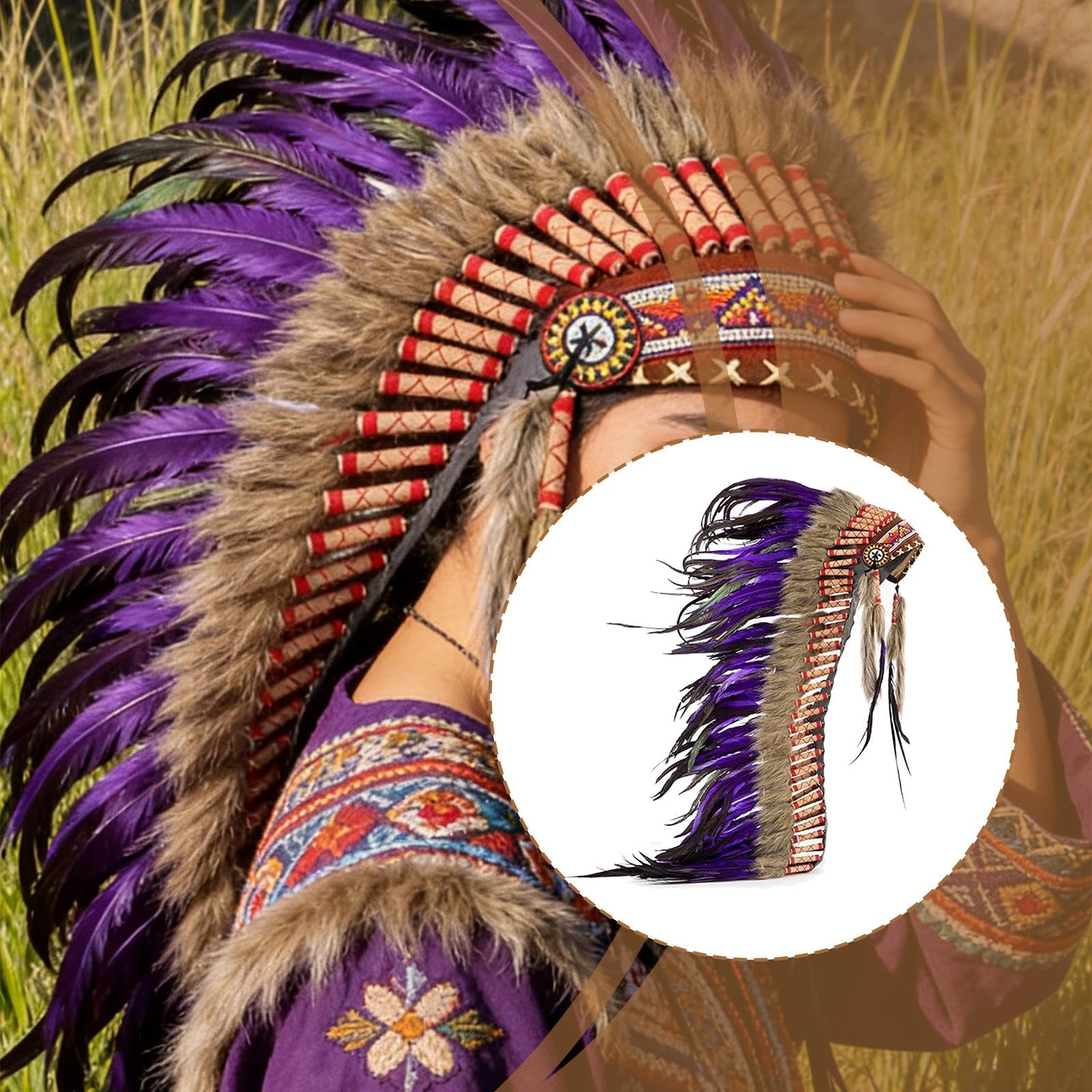 Indio Sombrero Plumas Artificiales Cinta Tela Tradicional Accesorio para Fiestas Temáticas Disfraces de Carnaval Shows de Danza Sesiones