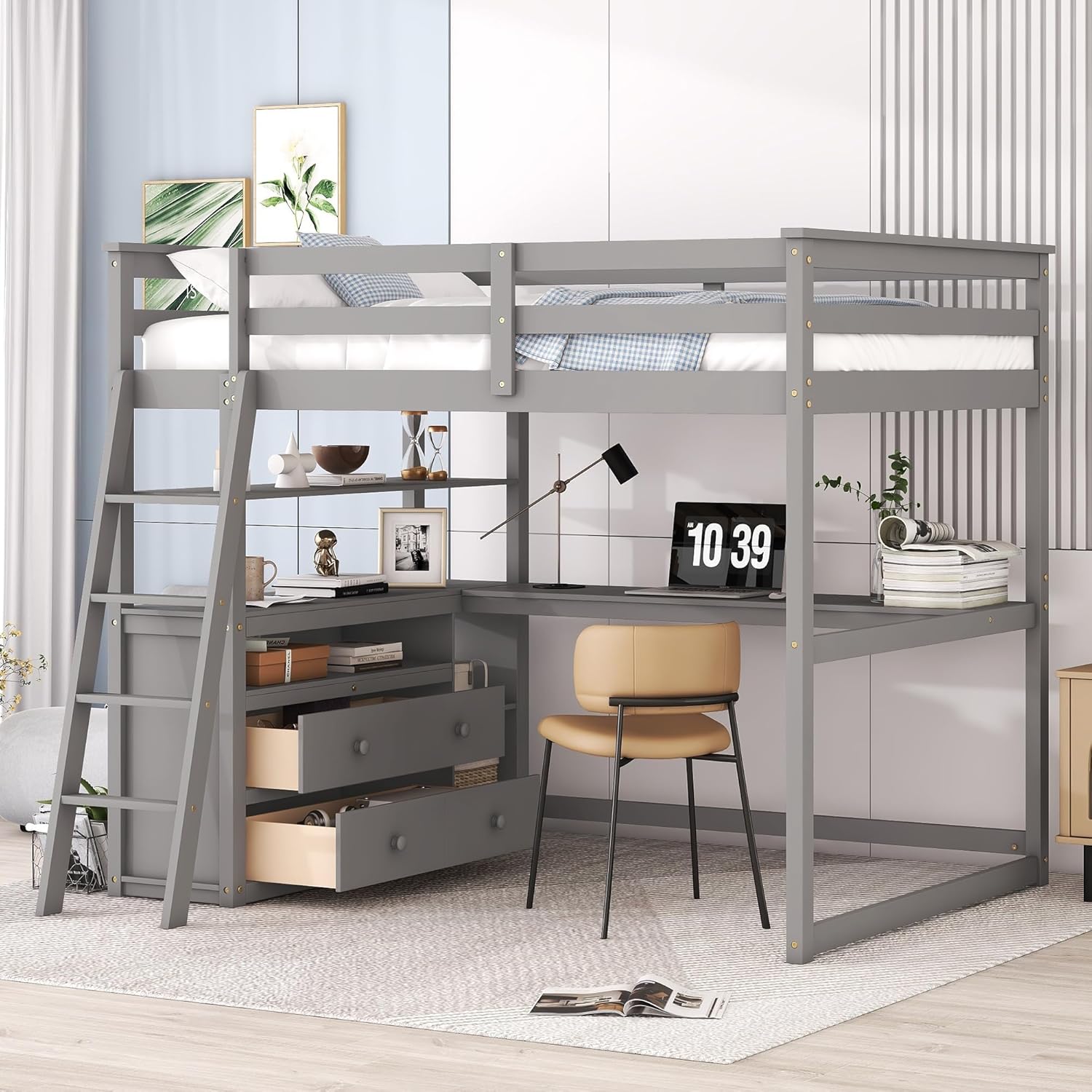 Full Size Loft Bed with Desk Solid Wooden Loft Bed Frame with Two Built-in Drawers and Shelves, High Loft Bed with Safety Guardrail for Kids, Teens, No Box Spring Needed (Grey)