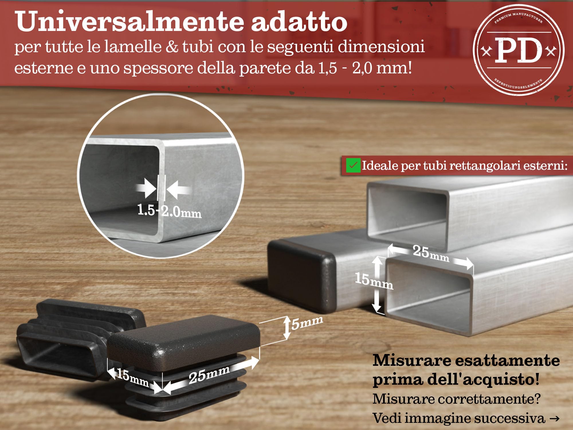 Tappi terminali rettangolari in plastica PE 25 x 15 mm per tubi quadrati, 10 sztuk
