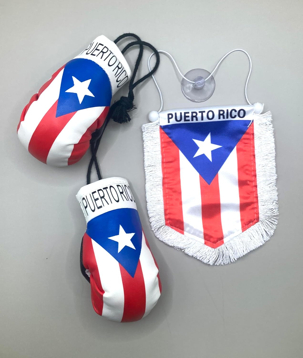 Puerto Rico Car Flag & Boricua Mini Boxing Gloves Combo Set – White Trim Edition | Rearview Mirror Hanging Flag + PR Flag Gloves | Auto Interior Decoration | Window Mount Car Accessories