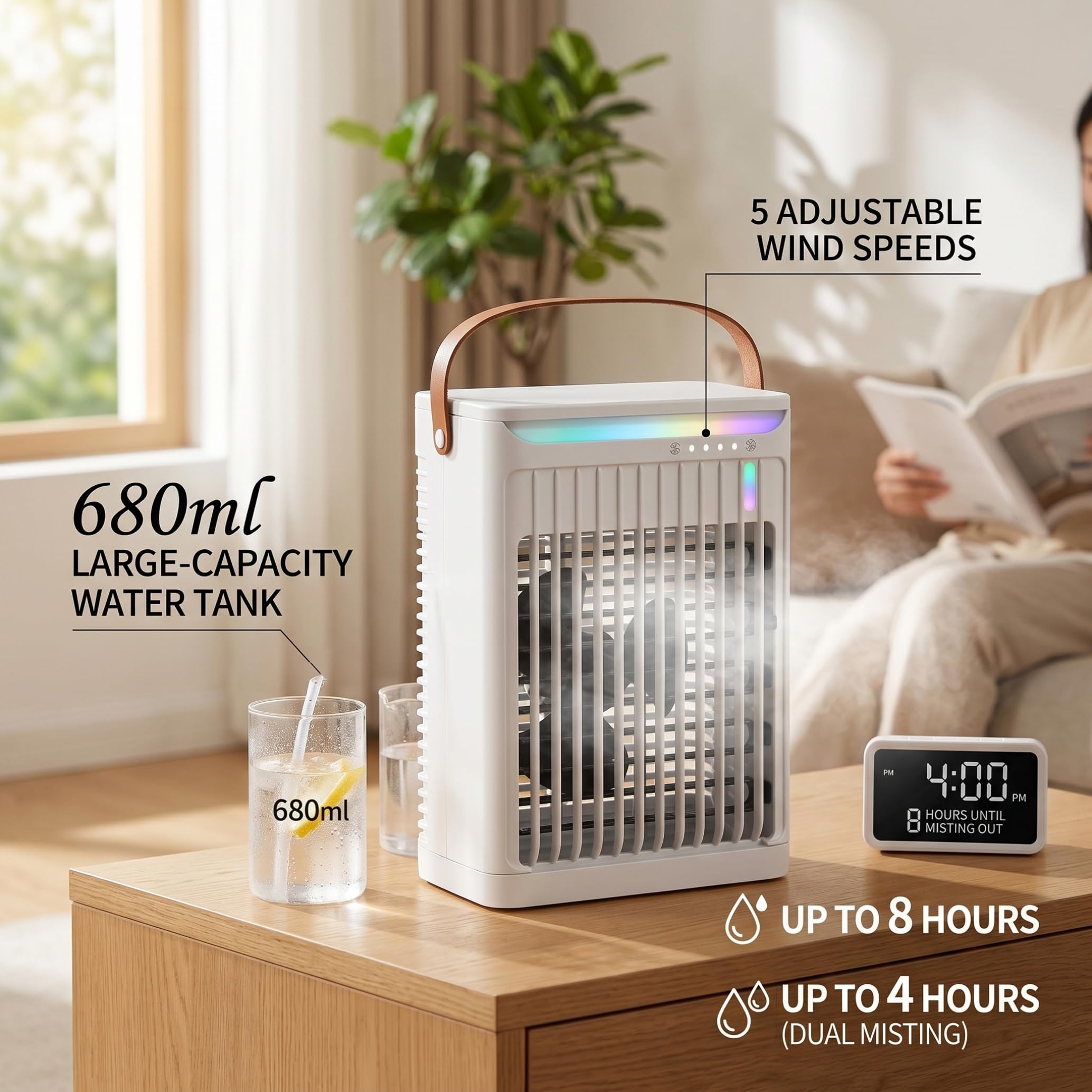Mini condizionatore portatile, ventola del condizionatore 3 in 1 con 5 velocità, serbatoio da 680 ml, ventola alimentata tramite USB per casa/ufficio/dormitorio/campeggio, bianco, mini condizion