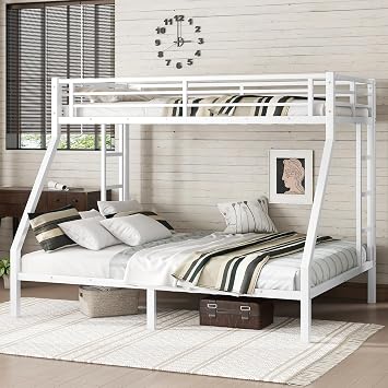 Twin XL Over Queen Modern Metal Bunk Bed with 2 Side Ladder -Length Guardrail, Heavy Duty Steel Bed Frame for Teens Adults, Noise Reduced/No Box Spring Needed White-01