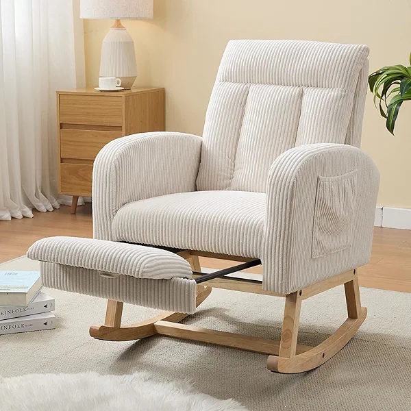 NIOIIKIT Nursery Rocking Chair, Corduroy Upholstered Rocking Chair with Adjustable Footrest, Tufted Rocker Chair with Side Pocket, Glider Rocker for Living Room, Bedroom (Cream Casual)
