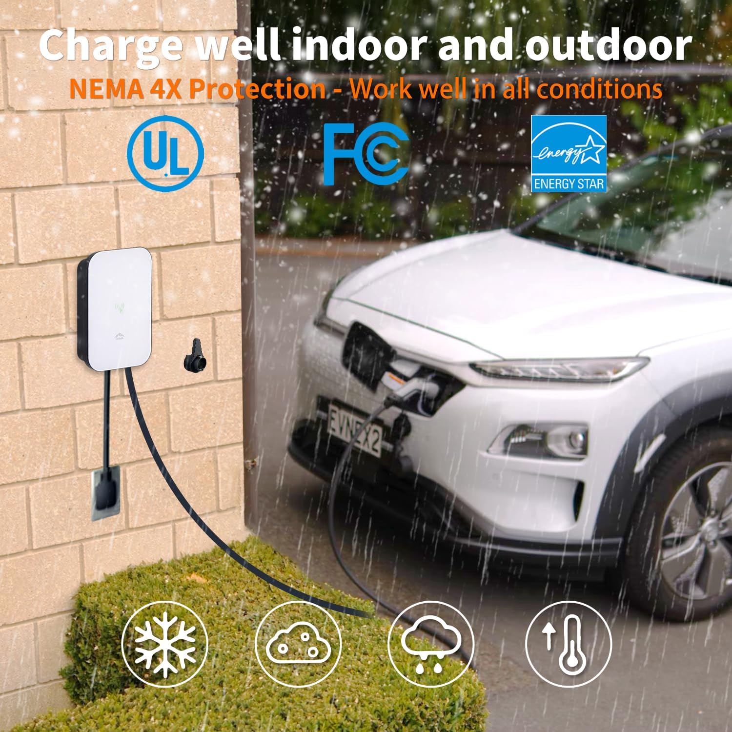 Level 2 EV Charger, 48 Amp & 240V EV Charger Level 2, NEMA 14-50 Plug, Metal Case Enclosure, Indoor/Outdoor, Tesla Adapter EV Level 2 Charger, 2.4GWiFi/RFID/App Level 2 EV Charger 25' Cord