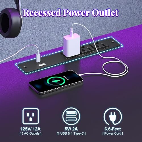 Miniatura 8 de Escritorio para juegos en forma de L con panel de luces LED y tomas de corriente, escritorio de computadora en forma de L con gabinete y cajones,