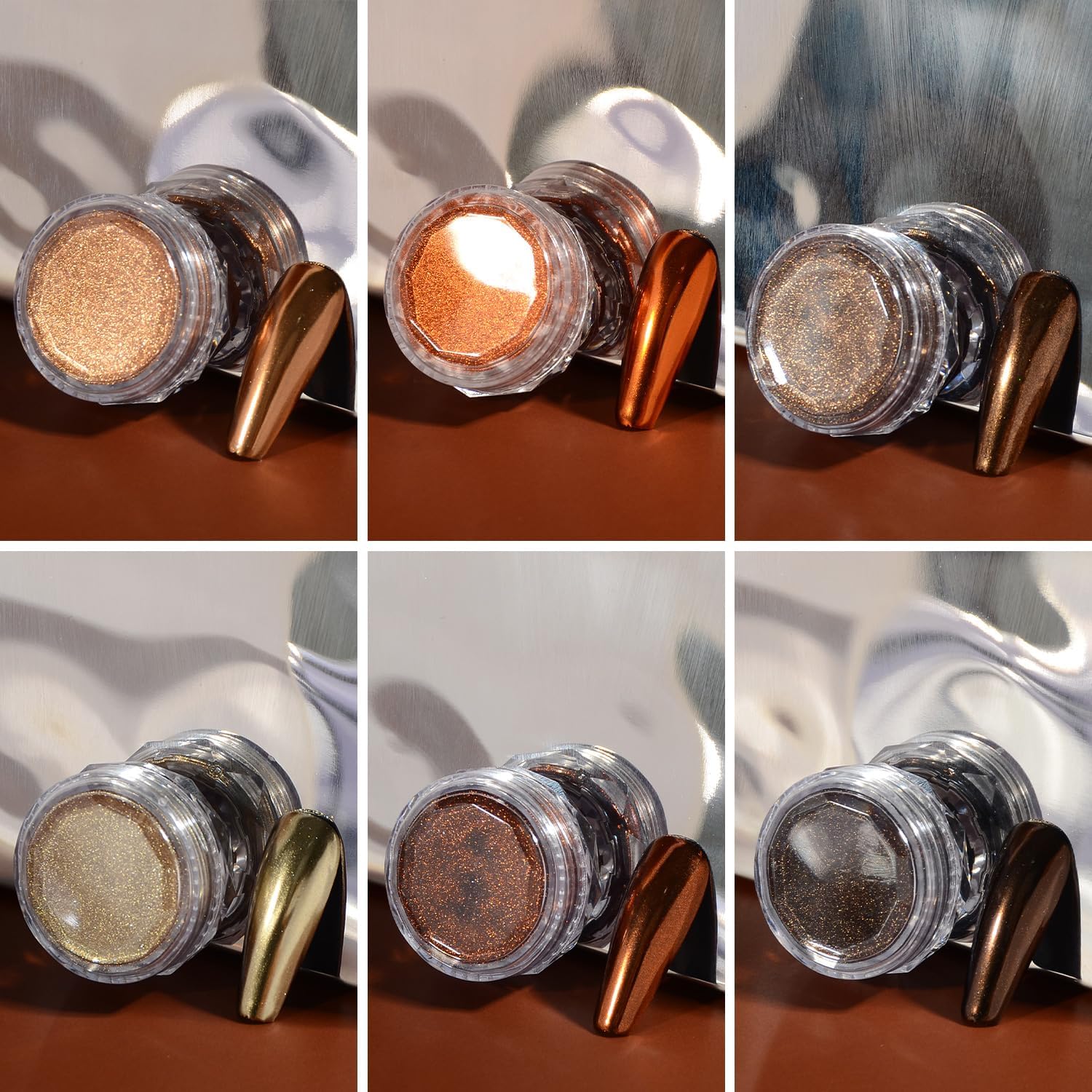 Chrome Nail Powder Set, 6 Maillard Colors Metallic Brown Chrome Nail Powder Mirror Effect Brown Pigment Chrome Powder Manicure Nail Glitter Dust with Sponge Applicators