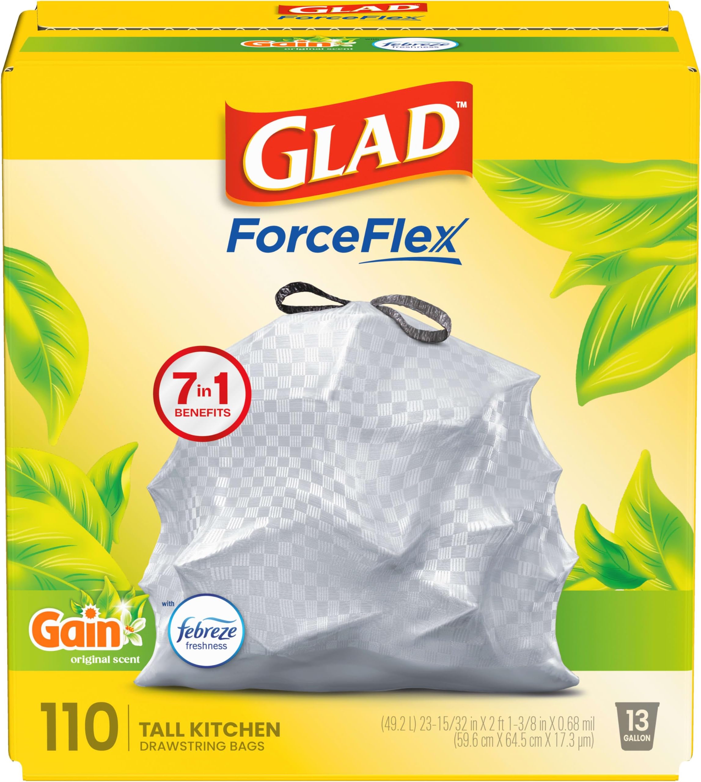 Glad ForceFlex Tall Kitchen Drawstring Trash Bags – 13 Gallon White Trash Bag, Gain Original scent with Febreze Freshness – 110 Count (Package May Vary)