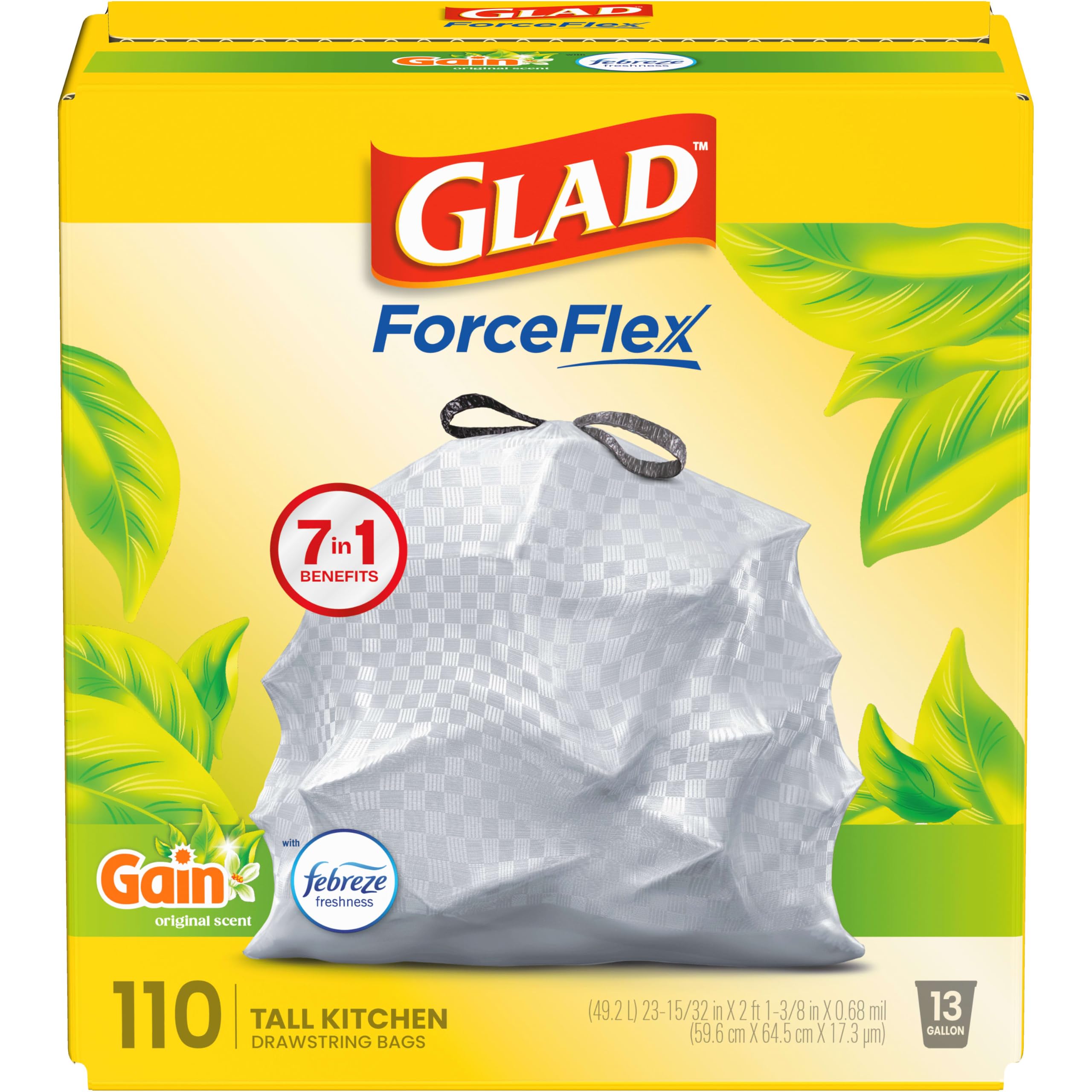 Glad ForceFlex Tall Kitchen Trash Bags, 13 Gallon, Gain Original, 110 Count (Package May Vary)