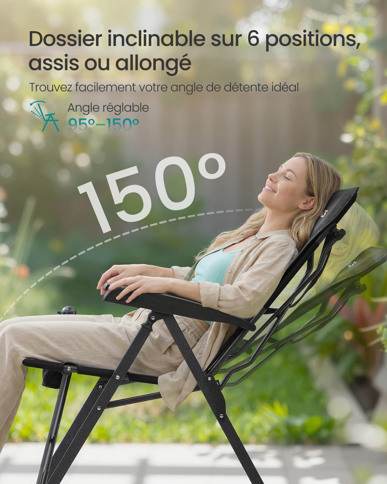 SONGMICS Chaise Pliante Camping, Dossier Inclinable 95°–150°, Fauteuil Camping, Dossier Haut Réglable, Porte‑Gobelet Pivotant, Sac de Transport avec Sangle, pour Jardin, Pêche, Noir GCB015BZ01