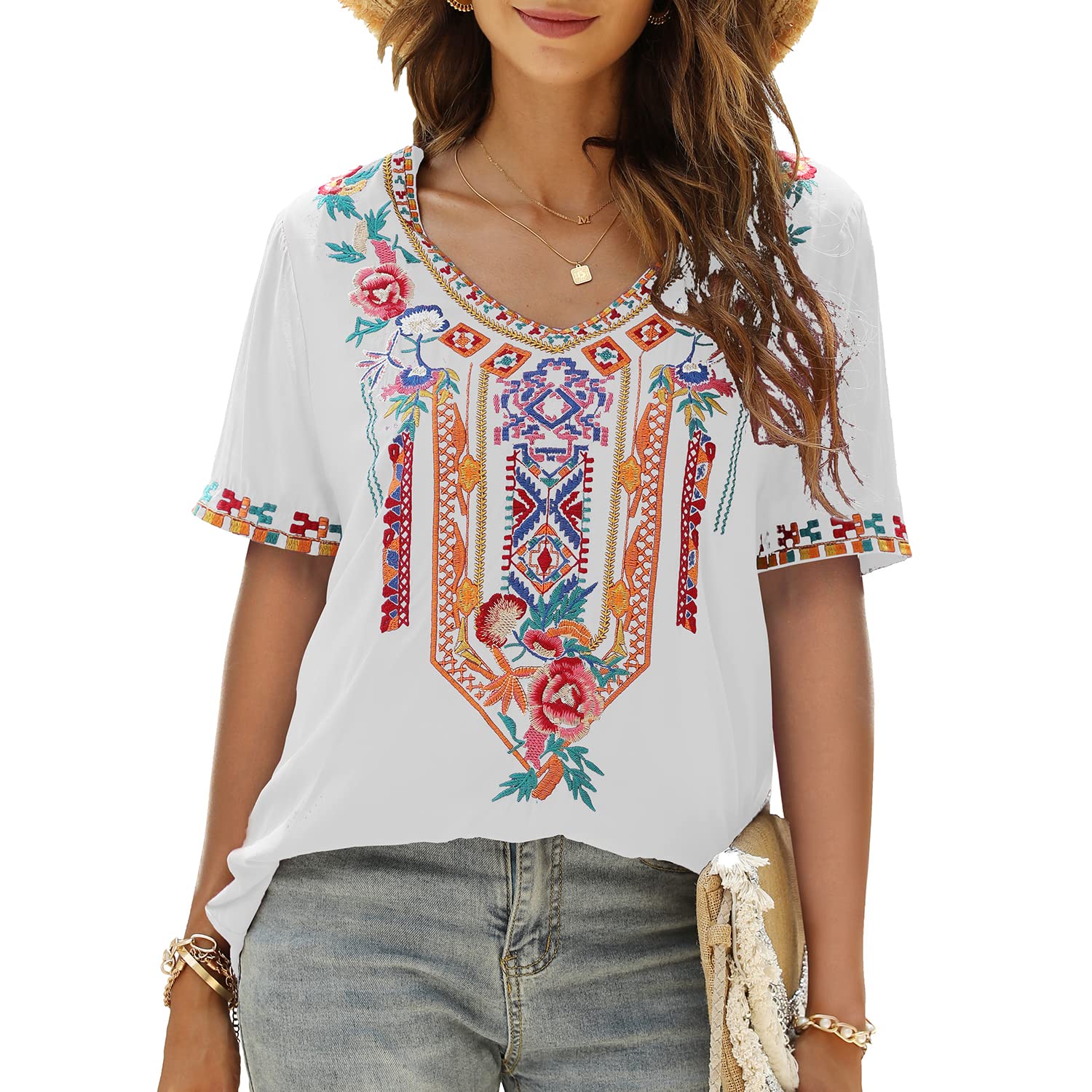 Seasonal Tunika Damen Sommer Boho Bluse Folklore Stickerei Oberteil Trachten Hippie Kleidung Kurzarm V-Ausschnitt