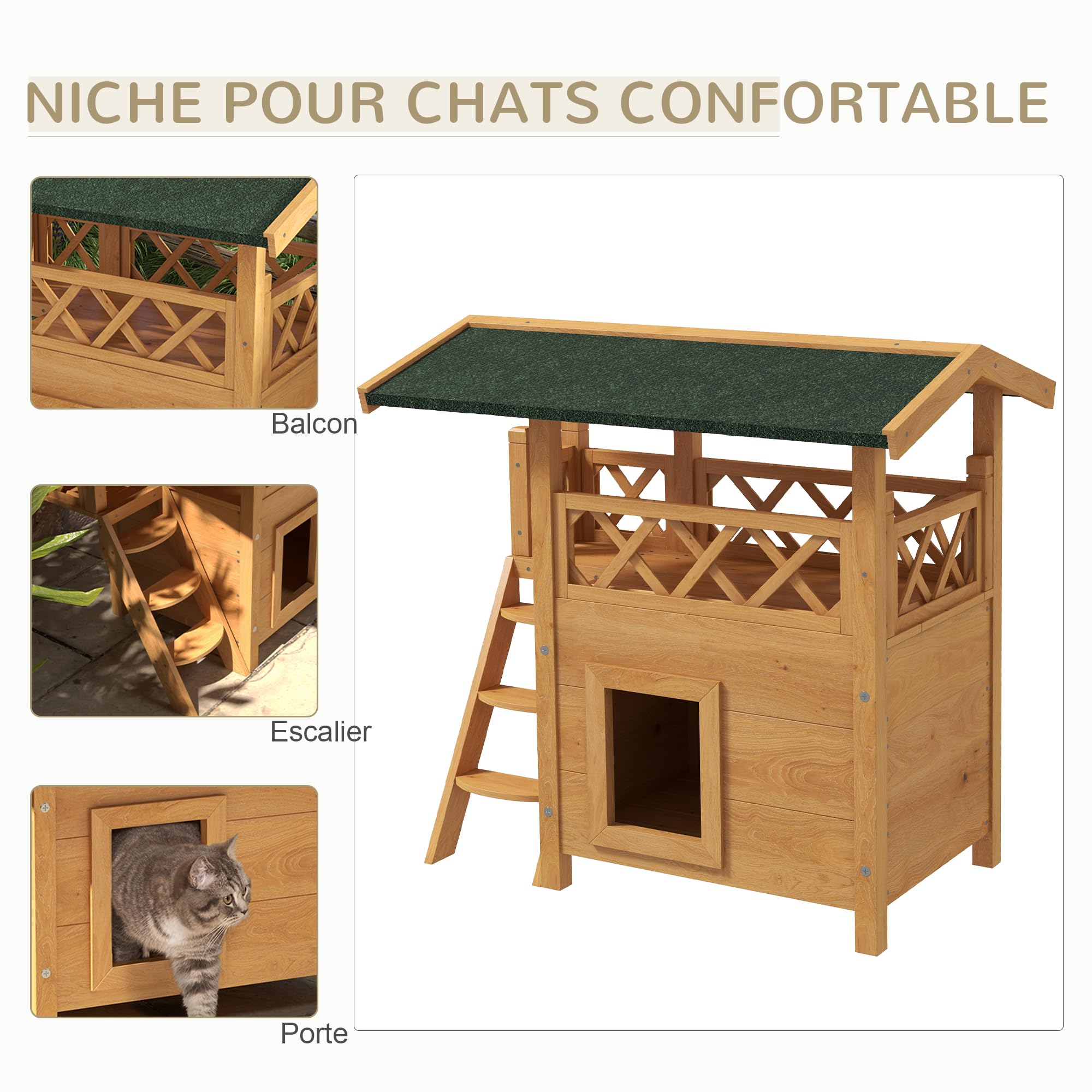 PawHut Maison Lodge pour Chats Sauvage errants - Niche Villa avec terrasse, escalier, Toit pour Chat - 77 x 50 x 73 cm - Bois Naturel et Vert