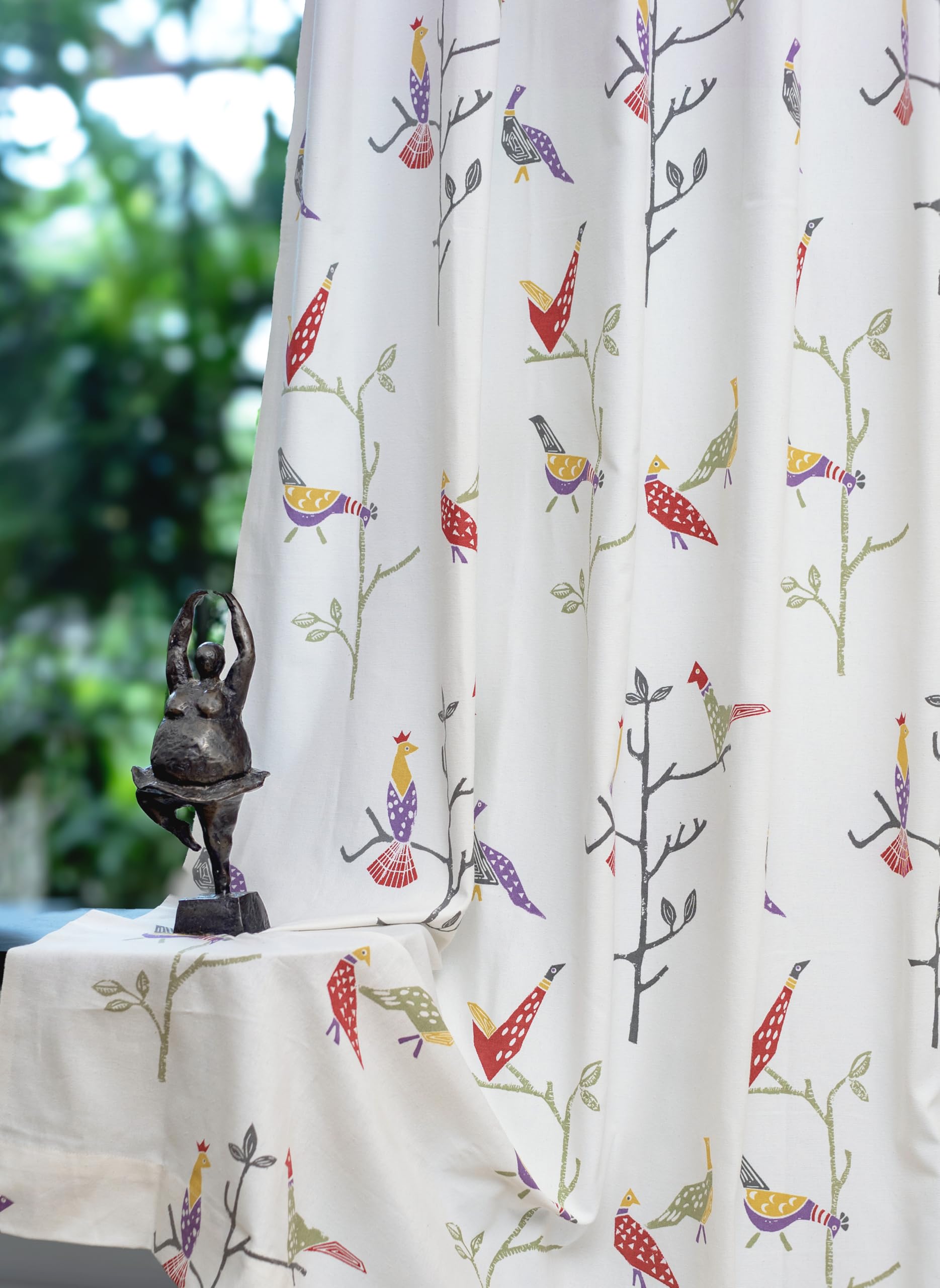 Tranquebar Curtain Co. Window Curtains 5 Feet, 60-65% Room Darkening, Multicolor Bird Print, Cotton Curtains for Window, Cotton Curtains 5 Feet Long Set of 2, BackTab Loops, Shiri (152 cm) - Set of 2