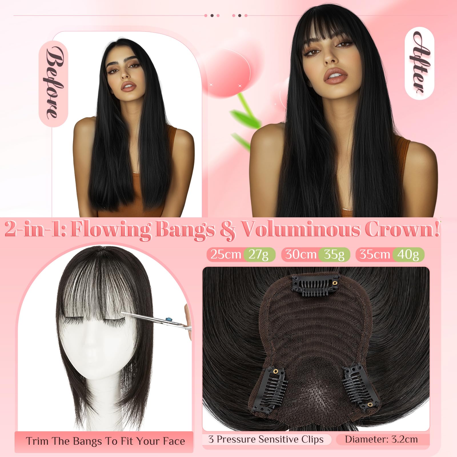 Elailite Hair Topper Prawdziwe Włosy Damskie Clip in Jedwabna Koronka 25cm Protesi Toupee Frangia Sottile (Hand-tie Base 8x11.5cm) 27g #1B Nero Naturale