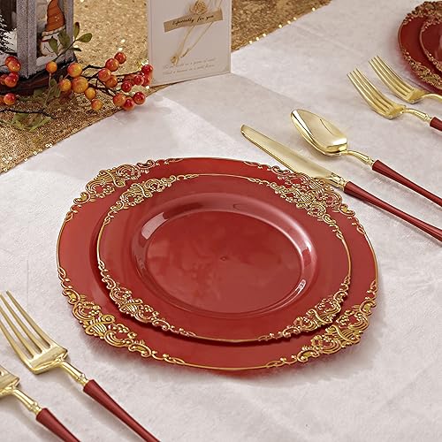 Miniatura 7 de Liacere 50 platos de plástico rojo, platos desechables de plástico dorado que incluye 25 platos de postre rojos de 7.5 pulgadas y 25 platos llanos