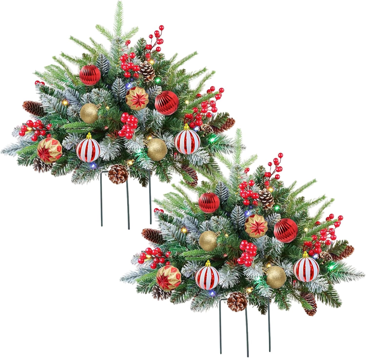 2PCS Outdoor Christmas Tree 23.6 Inch Lighted Trees with Berries Pine Leaves Cones and Balls Urn Filler with Stakes for Garden Yard Porch Holiday Decor