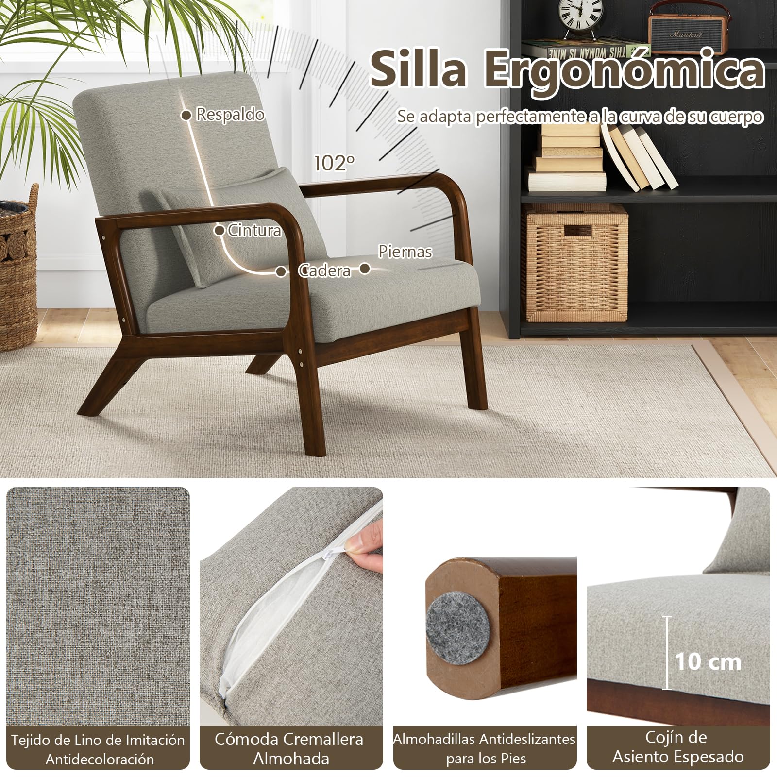 GIANTEX Silla de Ocio Moderna, Butaca de Lectura con Asiento Acolchado y Respaldo, Sillón de Madera de Goma con Cojín Lumbar, Silla Individual de Relax para Estudio, Salón (Gris)
