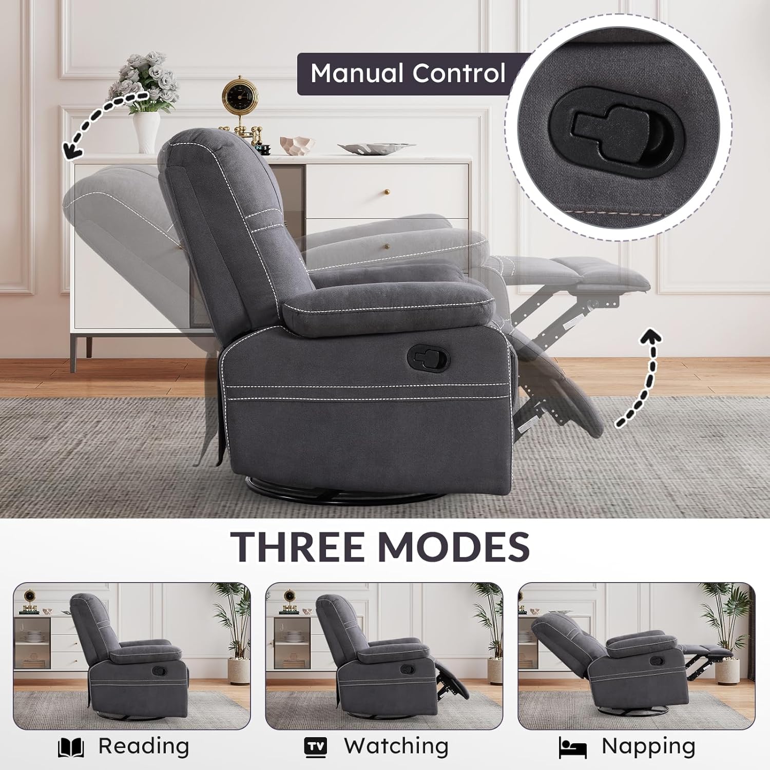 HAOMARKETS 360° Swivel Rocker Recliner Chair for Adults, Manual RockingRecliner Chair with Overstuffed Backrest and Armrests, Upholstered Rocking Reclining Sofa Chair for Living Room, Grey