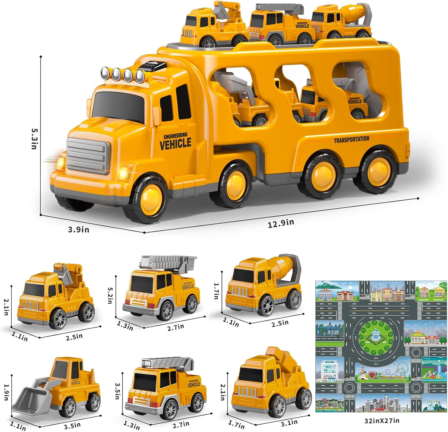 8 in 1 Construction Trucks Cars Toys for Toddlers 3-5, Boy Toddler Car Truck Toys with Playmat and Light Sound, Birthday Gifts for 3 4 5 6 Year Old Boy - Image 2