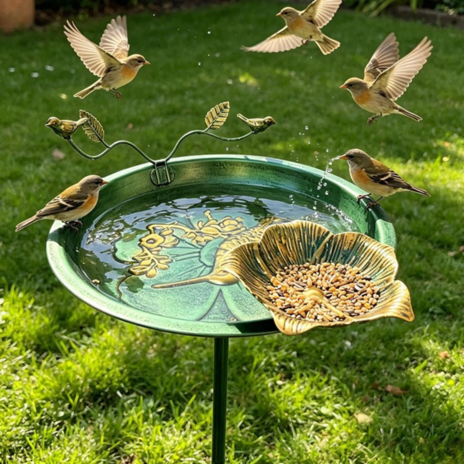 Colcolo Birdbath Feeder Vogelbad Vogeltränke Vogelhaus Vogelstation aus Eisen mit Hoher Einschubstange Und Blattförmigem Futtercup für Lockende Anziehung für Hof Blumenrabatte Balkon