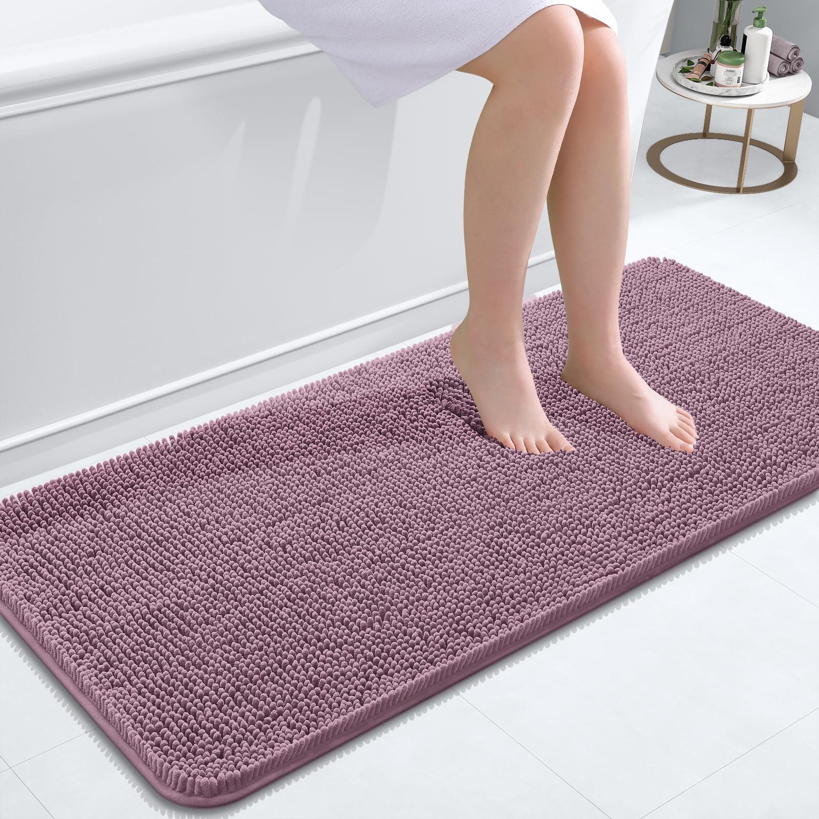 OLANLY Bathroom Runner Rugs 47x20, Extra Soft Absorbent Chenille Bath Rugs | Deep Plum, Quick-Drying Rubber Backing, Washable Long Bath Mat for Bathroom Floor, Tub and Shower, Home Decor Accessories
