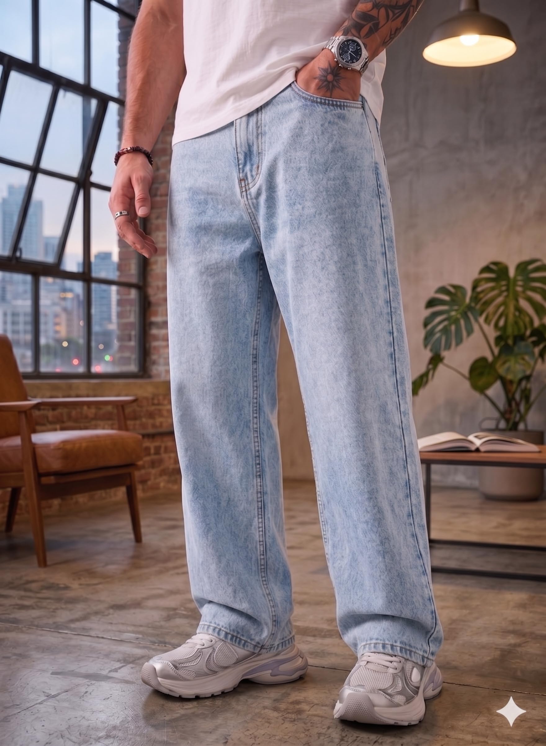 Loose Fit Mid Rise Light Blue Men Denim Jeans-image-12