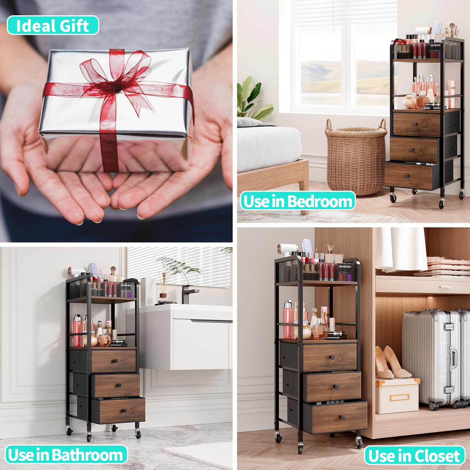 Kosmetik Rollwagen mit 3 Schubladen - Hautpflege Organizer für Kosmetikstudio, Parfüm, Nagellackbürste